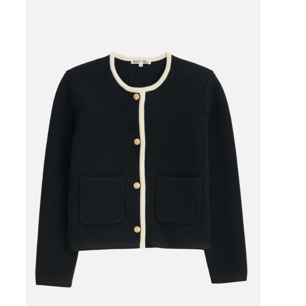 NWOT Alex Mill Paris Sweater Jacket in Black with White trim, Size Large